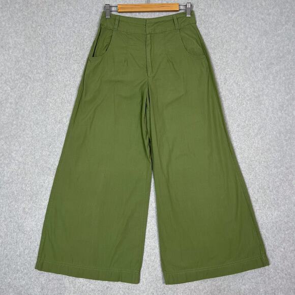 Free People Green Menorca 100% Cotton Crop Wide Leg High Waisted Pant Size 4 - Picture 2 of 10